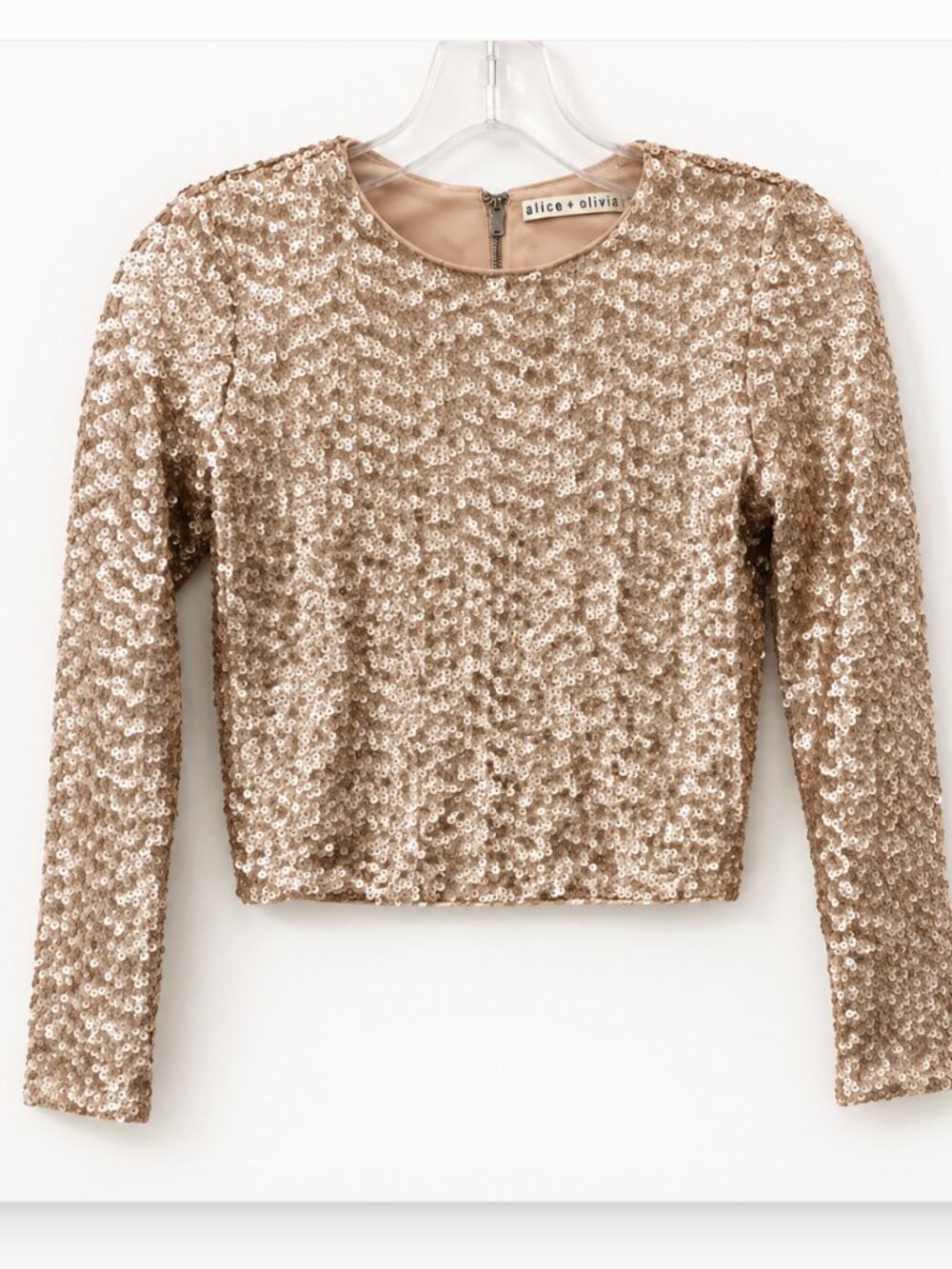 Alice + Olivia Champagne Sequin Long Sleeve Crop Top Skirt Set 0 Co-ord Set - Picture 4 of 10